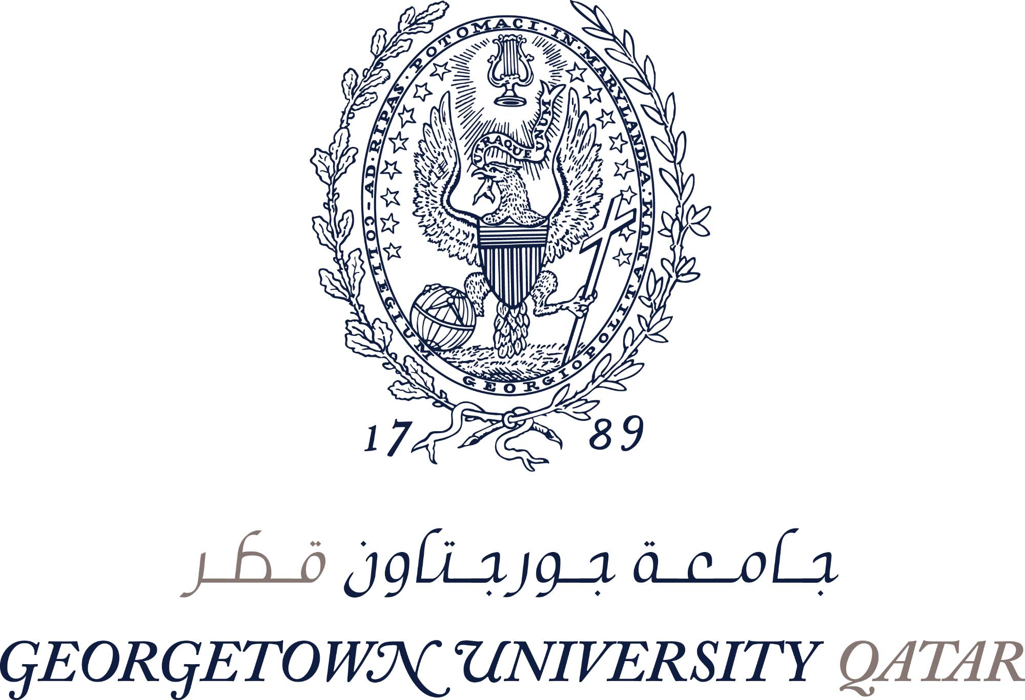 The Georgetown University at Qatar logo features an American Eagle holding a globe in its right claw, a Christian crucifix in its left claw, a Lyre above it, 16 stars representing the states that existed when it was created, An inscription which reads: "Collegium Georgiopolitanum Ad Ripas Potomaci In Marylandia translates to &#8220;Georgetown College on the banks of the Potomac in Maryland.&#8221; And the words "Utraque Unum"  which loosely translates to &#8220;from several parts into one,&#8221; suggests the harmony that can exist between science and religion.